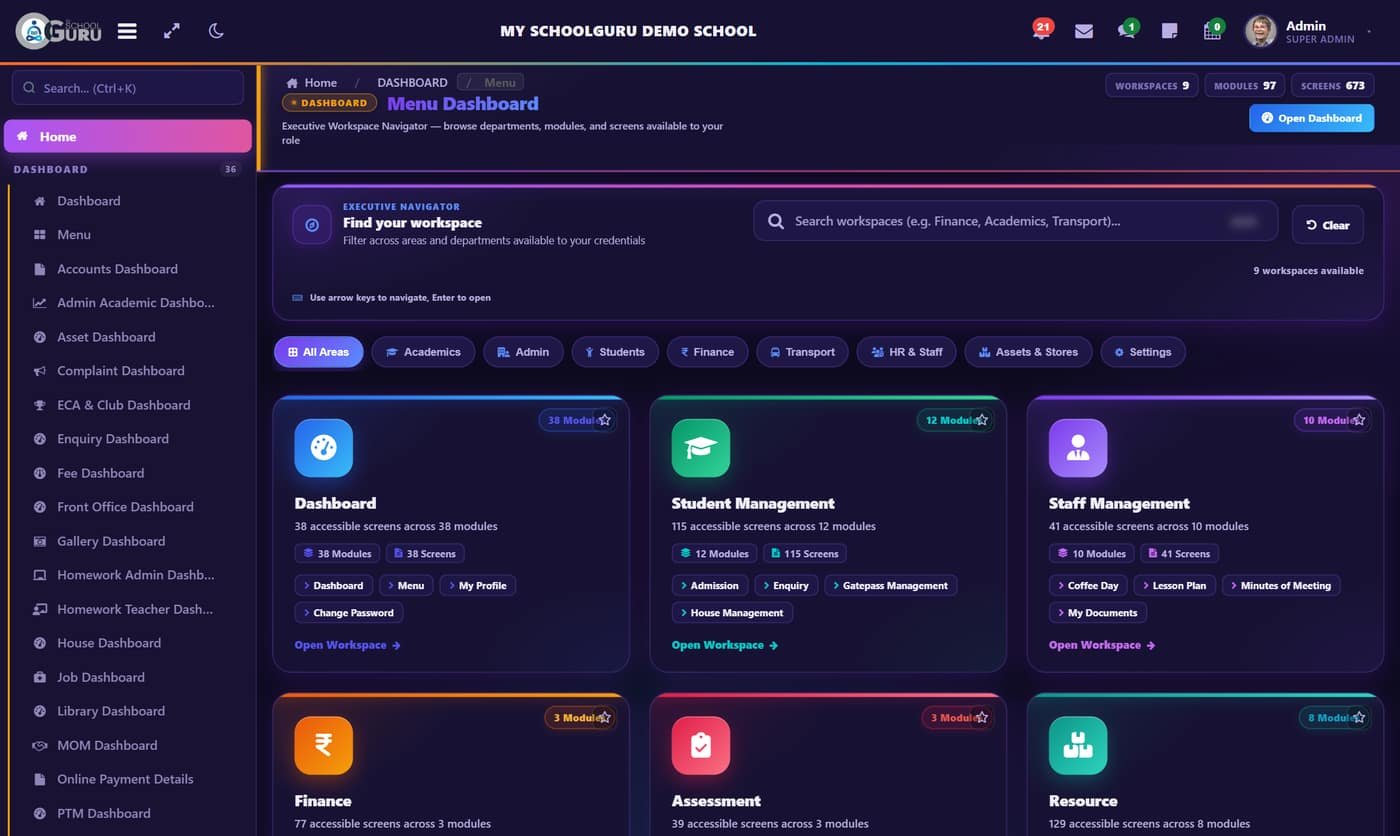 Menu with nine workspaces